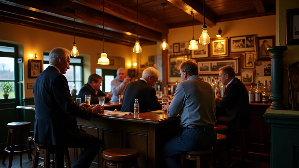 Interior of traditional Irish pub with locals at bar, warm amber lighting, vintage photographs on walls, wooden beams and authentic heritage atmosphere