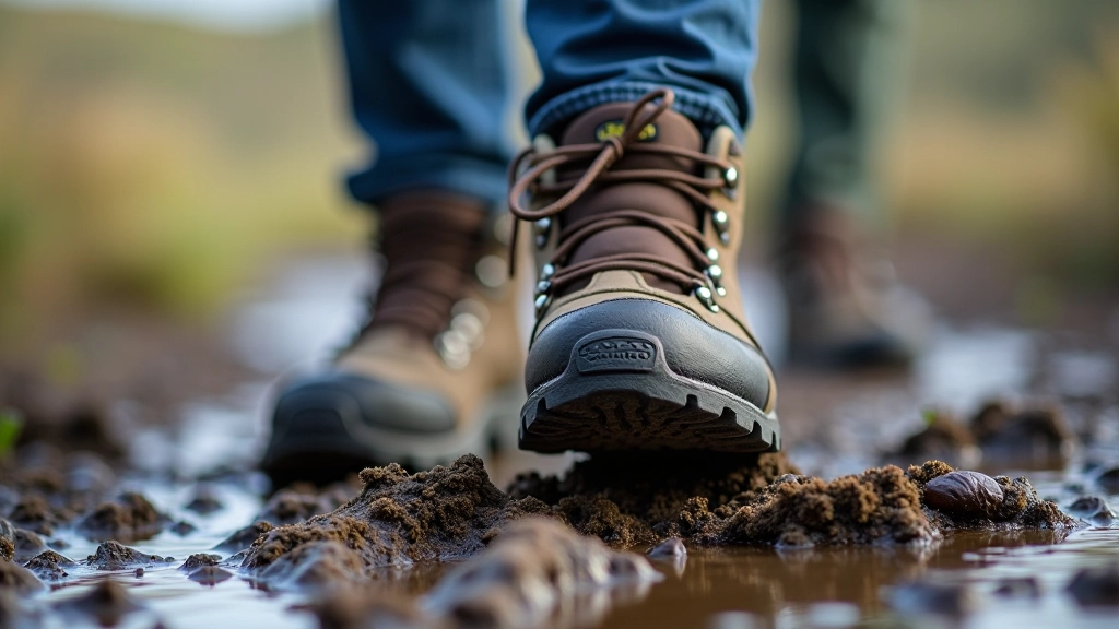 Close-up of waterproof hiking boot with deep tread pattern on muddy ground, showing aggressive sole design and ankle support