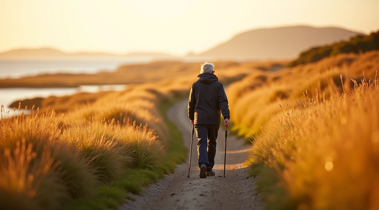Scenic coastal pathway with tidal marsh grasses and water visible in the distance at Dunbulcaun Bay near Galway