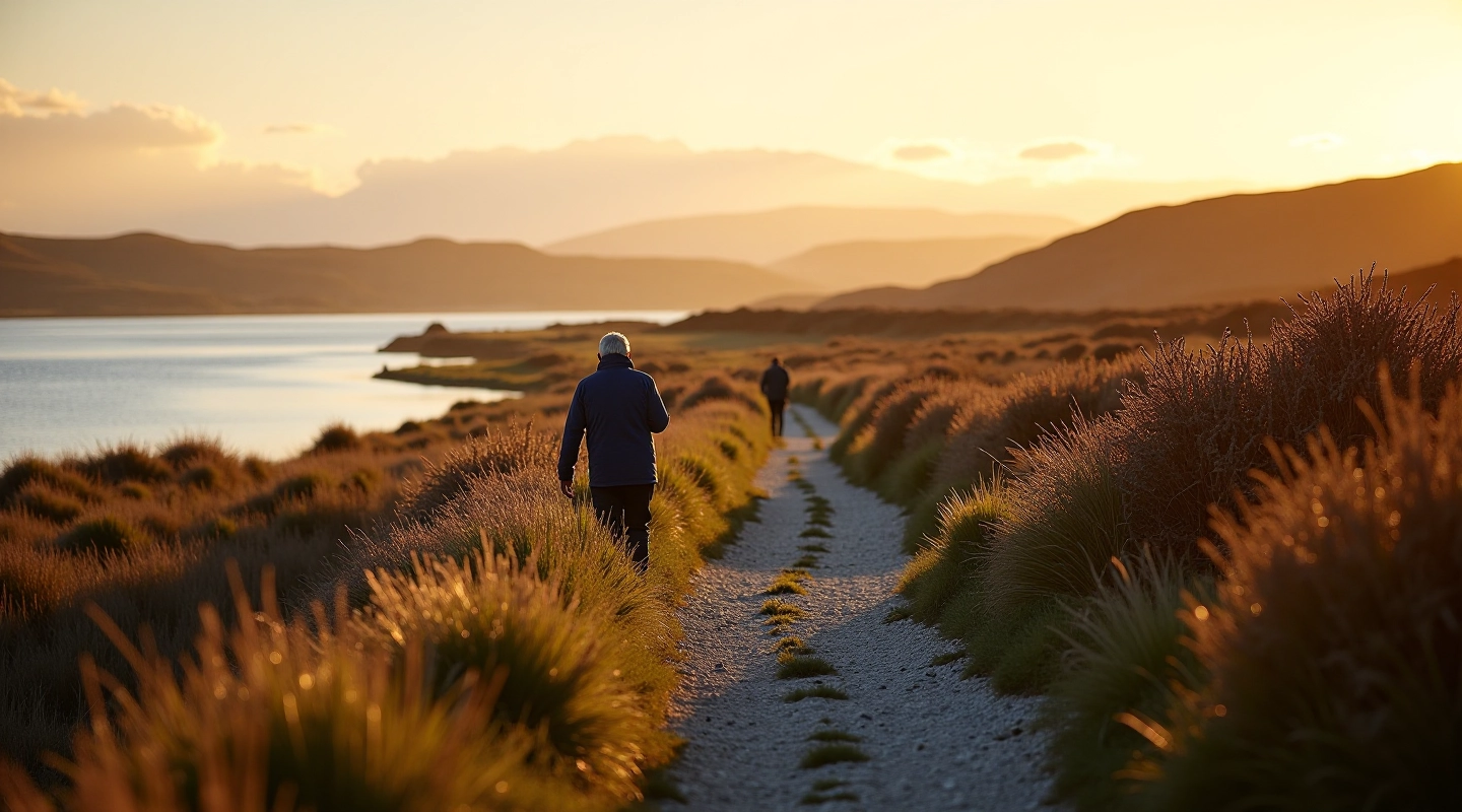 Scenic coastal walking path through Galway's tidal marshes with golden light reflecting on water