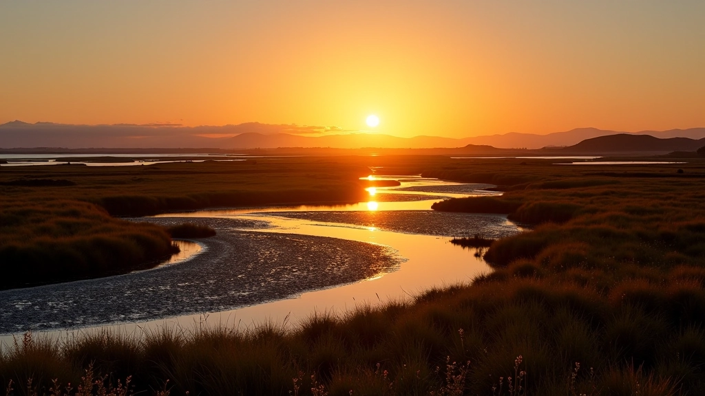 Sunset over oyster beds and tidal marsh