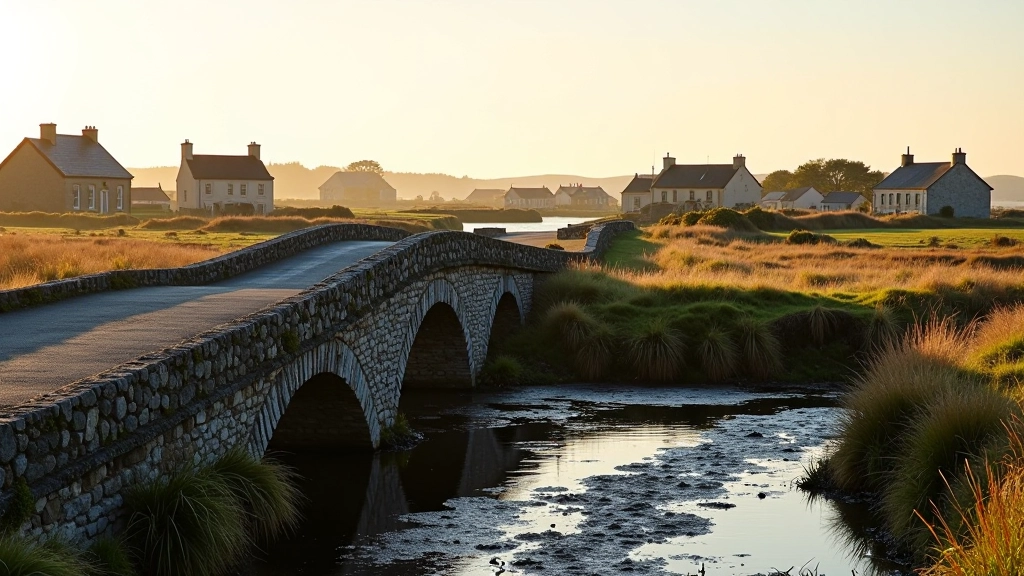 Historic stone bridge over tidal creek with traditional Irish cottages in Clarinbridge village in background