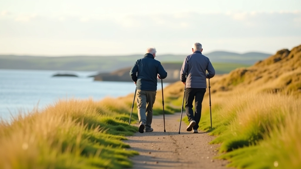 Retired couple walking along coastal path with walking poles on grassy cliff top overlooking calm water