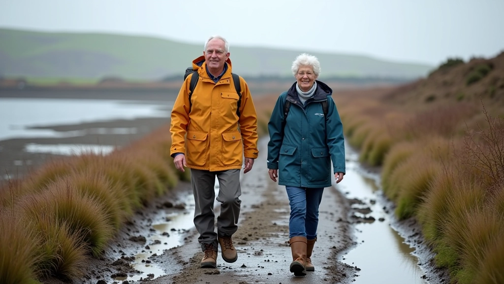 Coastal path with mature adult walkers in waterproof jackets on muddy terrain near tidal creek, demonstrating appropriate footwear and clothing for coastal conditions