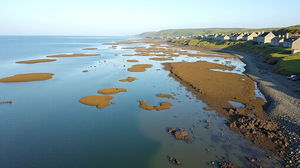 Aerial view of oyster beds at high tide showing organized cultivation areas with buoys and traditional Irish stone village architecture along the shoreline