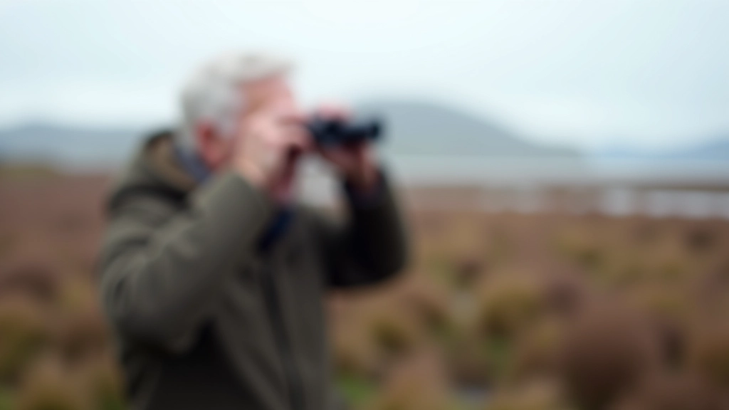 Person with binoculars looking toward wetland marsh landscape with reeds and water