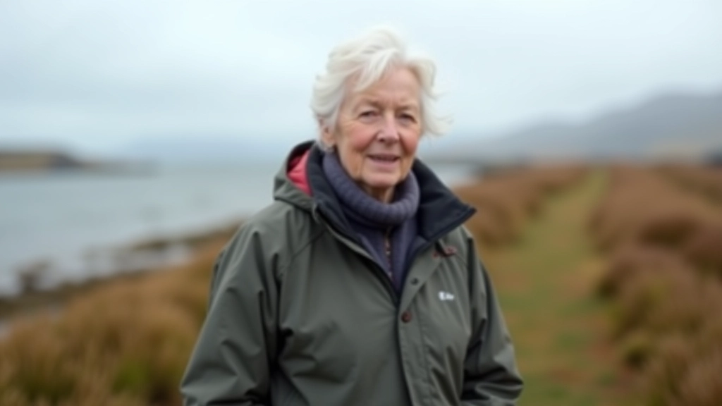 Person wearing layered weather-appropriate clothing including waterproof jacket and base layers, standing on coastal path with wind visible in hair