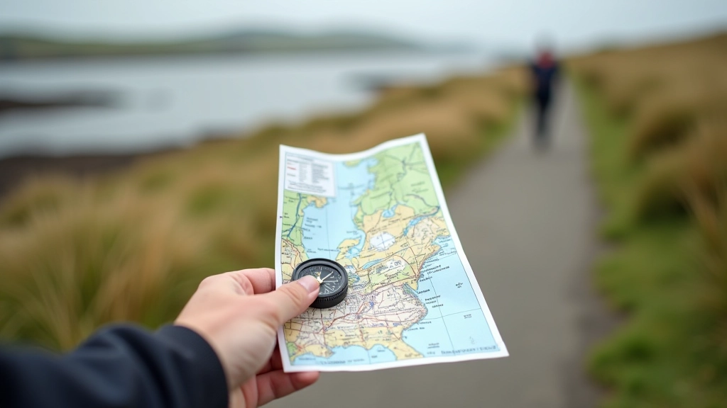 Hand holding printed map and compass at coastal viewpoint with walking path visible in background, practical outdoor navigation setup