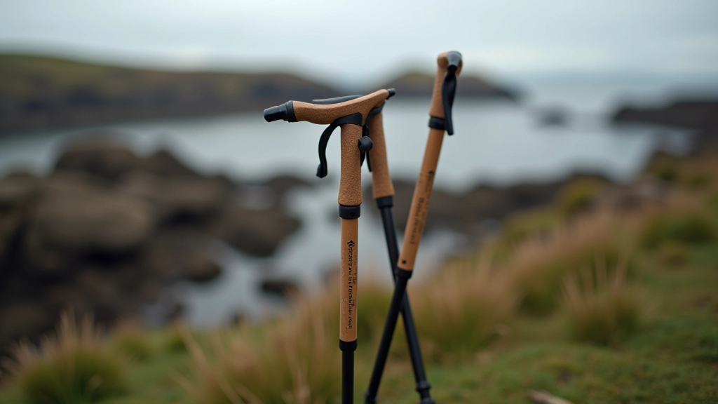Pair of adjustable walking poles with carbide tips and cork grips leaning against rocky coastal outcrop, showing realistic wear and use