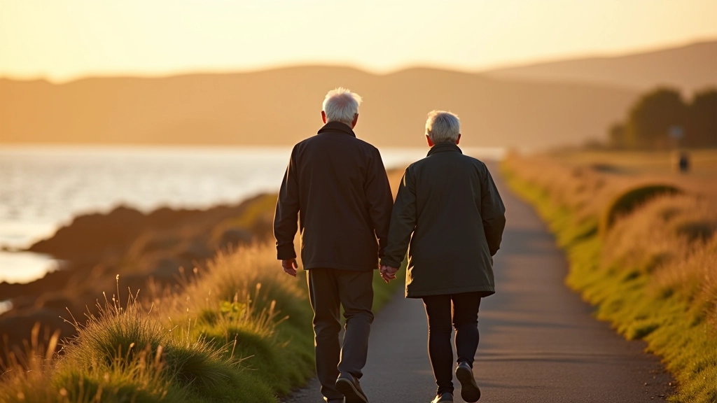 Active retirees walking together on a scenic coastal path with marsh landscape in background