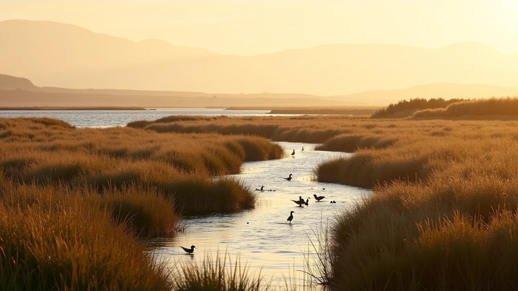 Tidal marsh landscape with native grasses swaying, water channels between vegetation, birds visible in distance, golden afternoon light across wetland