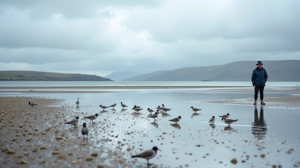 Mudflats and seabirds at low tide on Galway bay with distant hills under dramatic sky