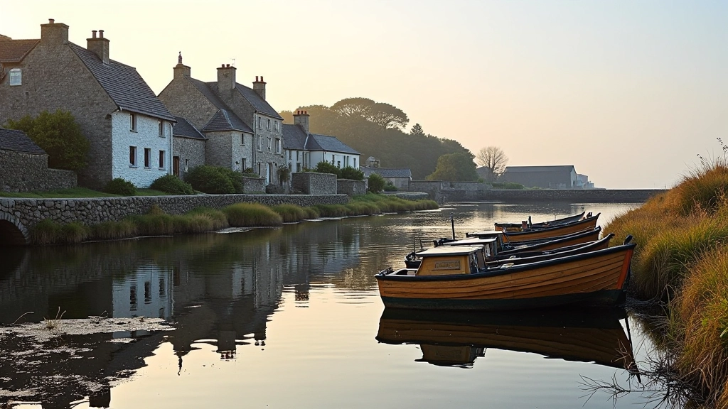 Traditional wooden fishing boats moored in Clarinbridge creek with stone buildings reflected in calm water at high tide