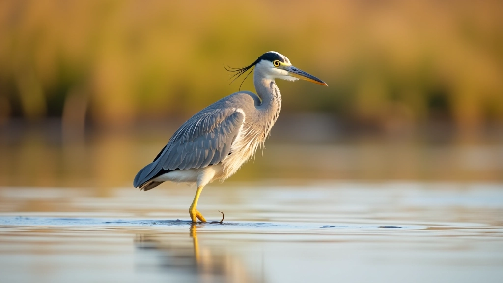 Heron wading in shallow marsh water, reflected in water surface, natural wetland setting, wildlife photography perspective