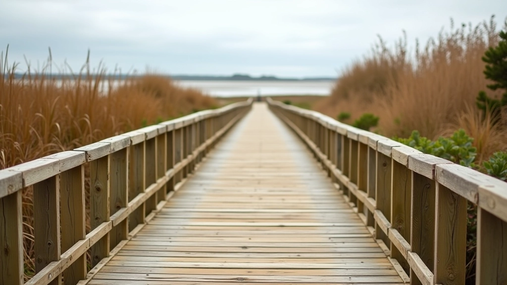 Close-up of wooden boardwalk railings with marsh water and vegetation visible below, natural daylight, sharp detail of timber construction