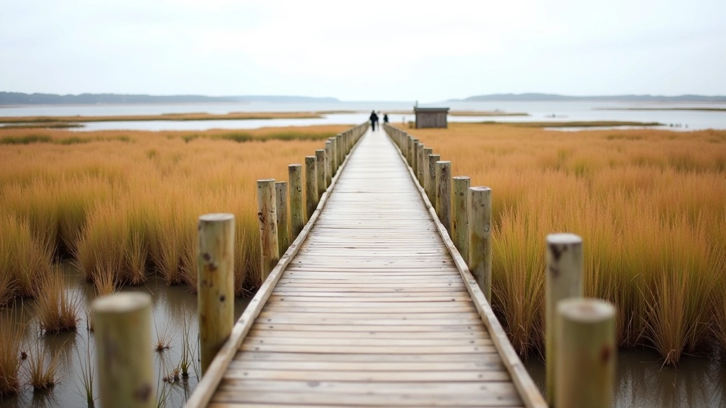 Wooden boardwalk crossing through protected tidal marsh habitat with native grasses and distant water view