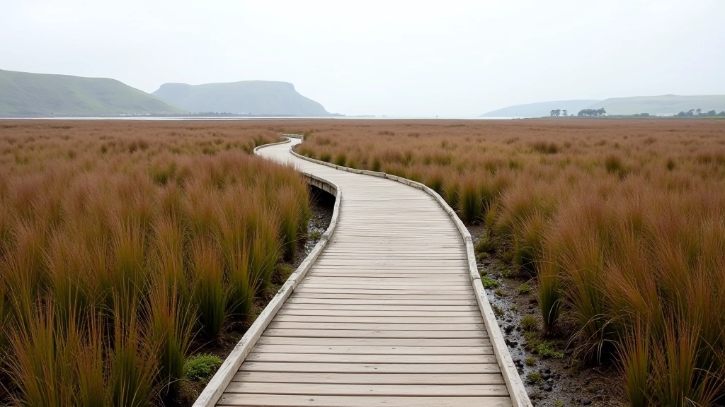 Wooden boardwalk pathway stretching through marsh grasses toward water with distant hills