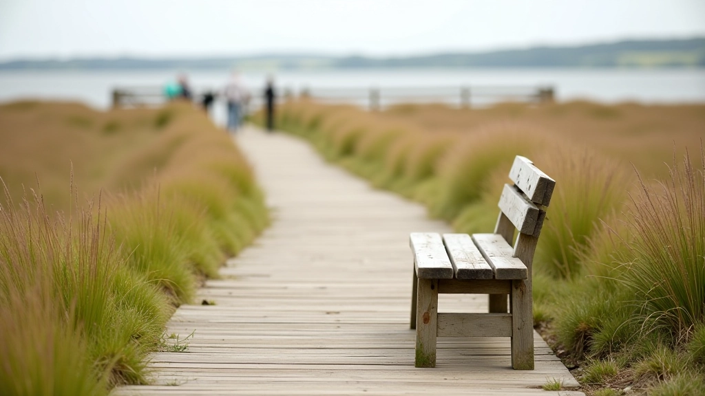 Wooden rest bench beside boardwalk path with marsh landscape extending beyond, peaceful natural setting, clear daylight